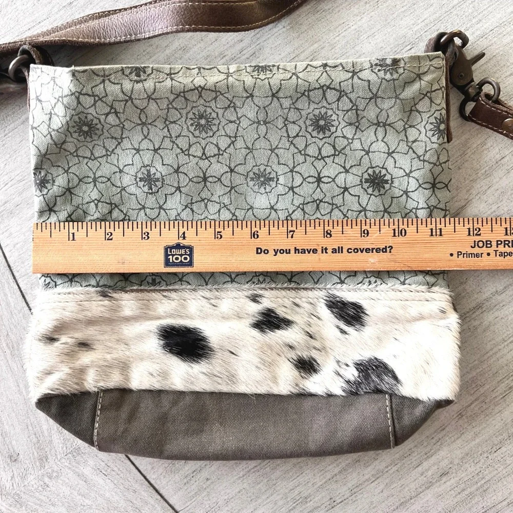 Myra Bag Upcycled Canvas Rug Cowhide Crossbody Bag Green Brown S-1250
